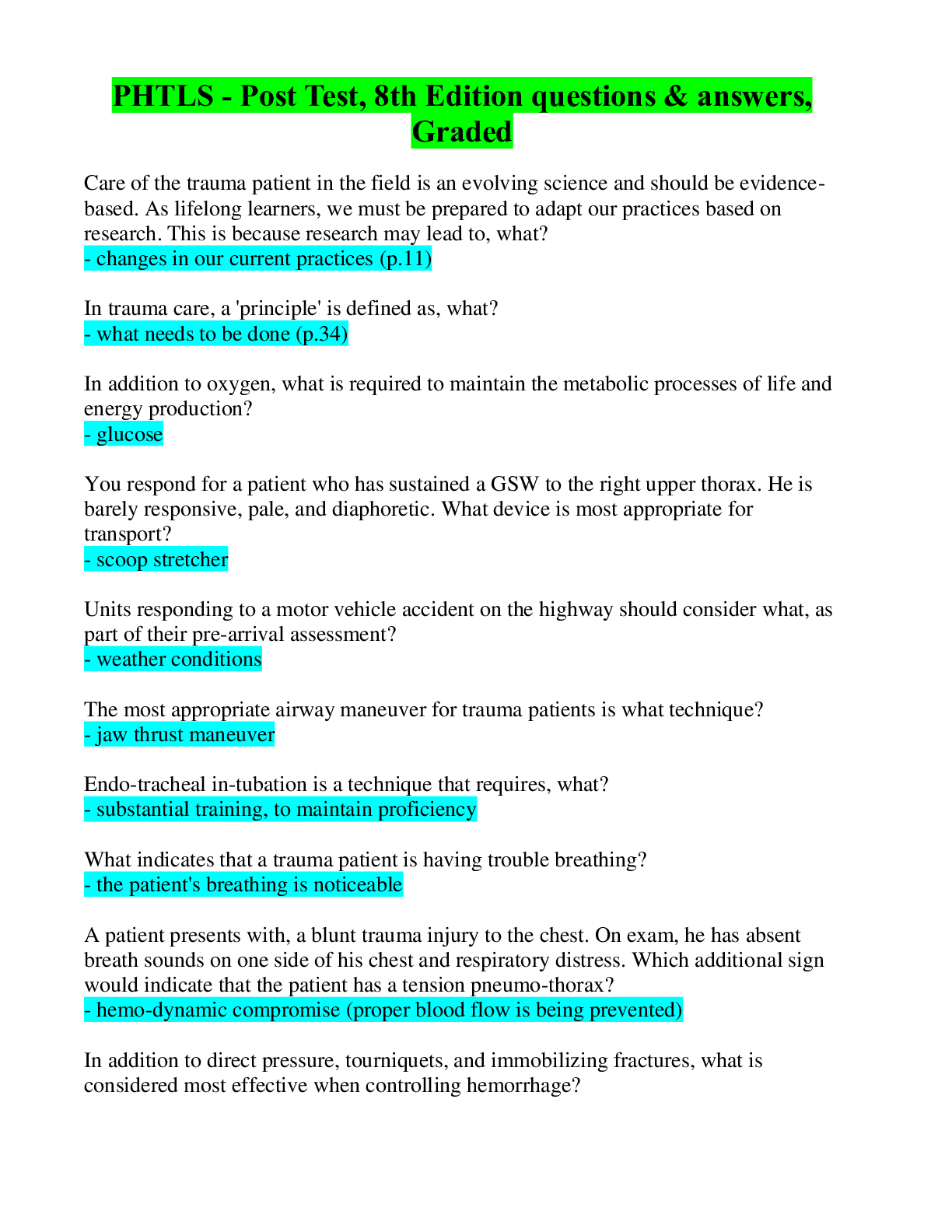 Preview image for PHTLS - Post Test, 8th Edition questions & answers, Graded